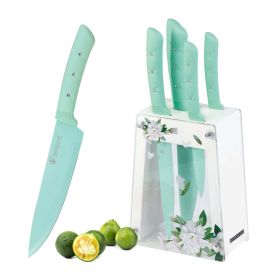 Kitchen Knife Set, 6 Pieces Green Stainless Steel Sharp Chef Knife with Acrylic Stand, Non-stick Coating Block Knife Set for Home Restaurant Apartment