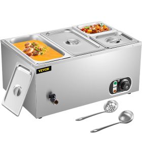 VEVOR 110V Commercial Food Warmer 2x1/3GN and 2x1/6GN, 4-Pan Stainless Steel Bain Marie 14.8 Qt Capacity, 1500W Steam Table 15cm/6inch Deep